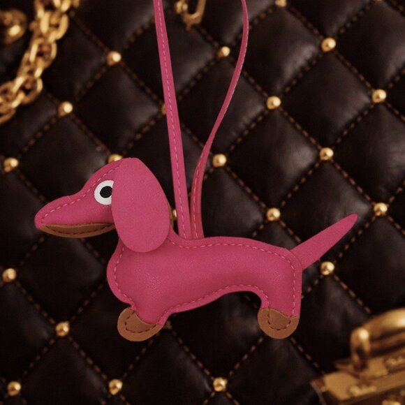 Pink Dachshund Leather Bag Charm Keychain Dog Purse Accessory - Picture 2 of 6